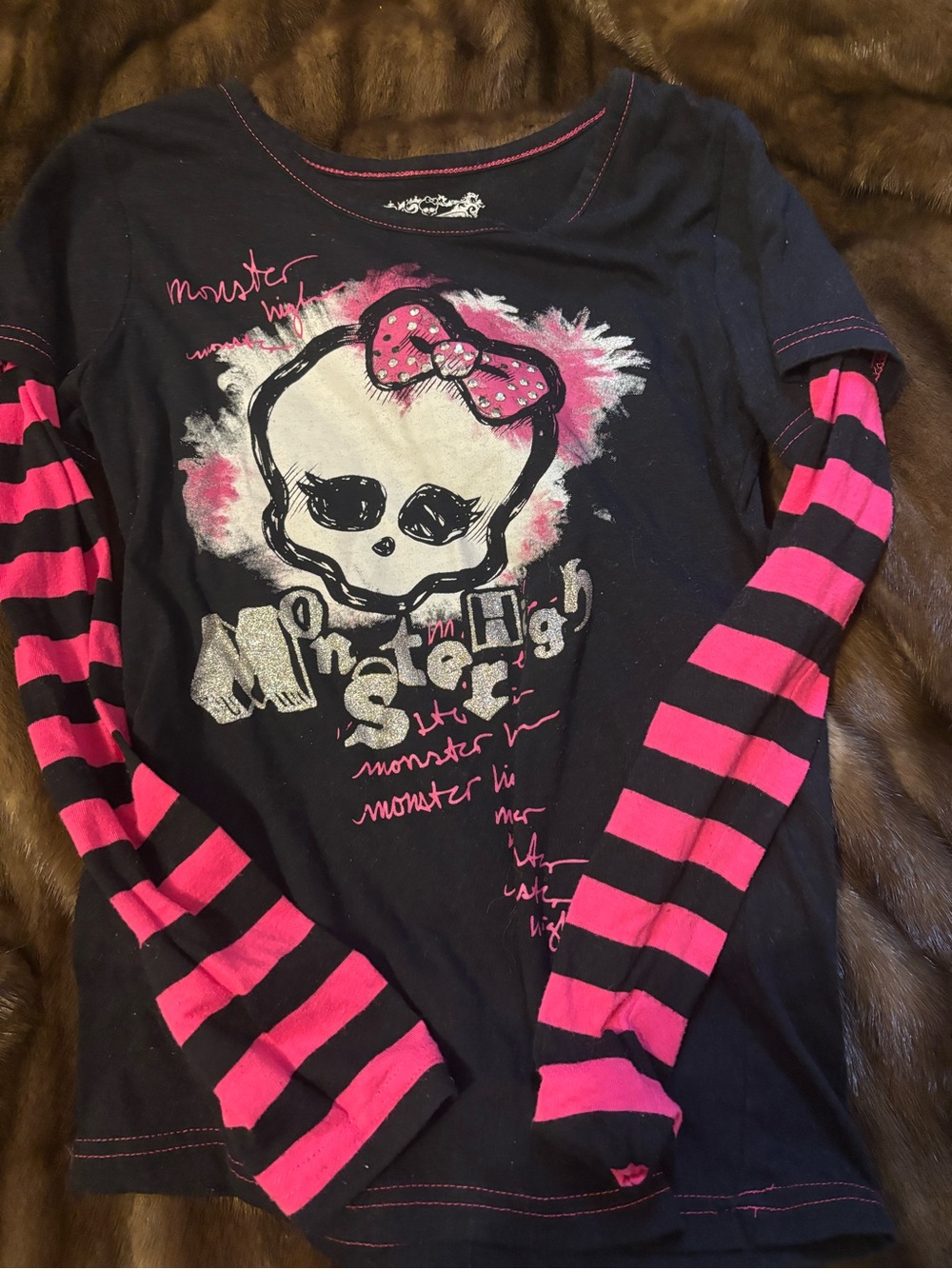 Girls Monster High Skull Studded Black & Pink Layered-Look Long Sleeve Top